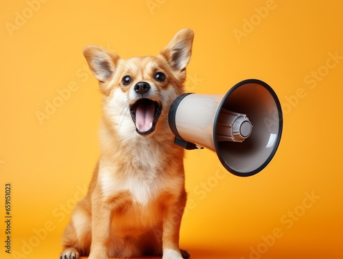 A funny ginger dog holds a yellow loudspeaker in its paws and screams on a yellow background - creative idea. Business and management concept. Increased traffic, advertising and attention photo
