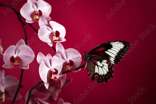 orchids with a butterfly on the colored background. Generative AI