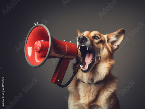 A dog sits on a gray background and speaks into a loudspeaker with its mouth open.