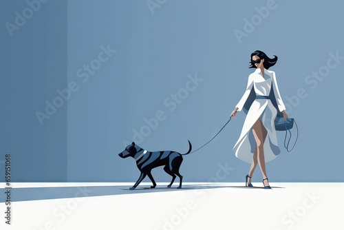 illustration of woman dressed in white walking the dog, petting concept