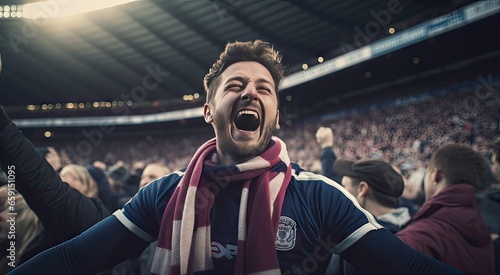 fan celebrating his team's goal on the field with all the other fans, sport concept photo