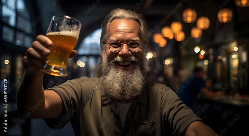 man holding up a glass of beer at a pub