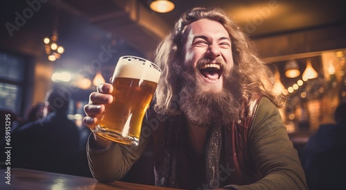  man with beard smiling at beer slam mug photo