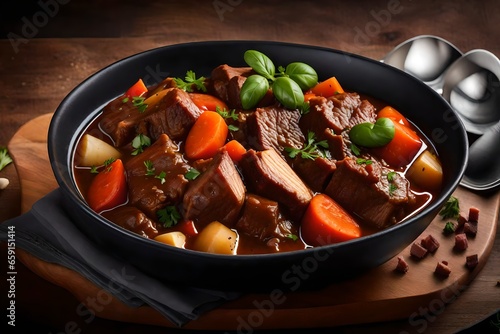 A bowl of hearty and aromatic beef stew with chunks of tender meat and vegetables - AI Generative