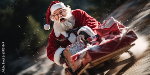 Joyful Santa Claus Laughing as He Rushes Down the Mountain on a Wooden Sleigh, Delivering Christmas Gifts in a Festive Holiday Scene © Ben