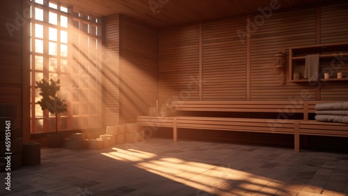 an all wood steam room  in the style of sparse backgrounds  multilayered  smokey background  naturalistic light and shadow  pretty  high quality  vibrant.