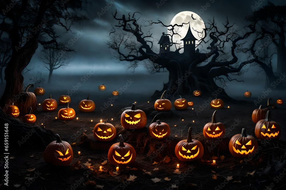 Fototapeta premium Hauntingly atmospheric Halloween scene featuring pumpkins and witches - AI Generative