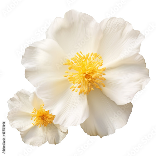 White flowers anemone hupehensis with yellow center isolated on transparent background PNG with clipping path. Closeup. For design. 