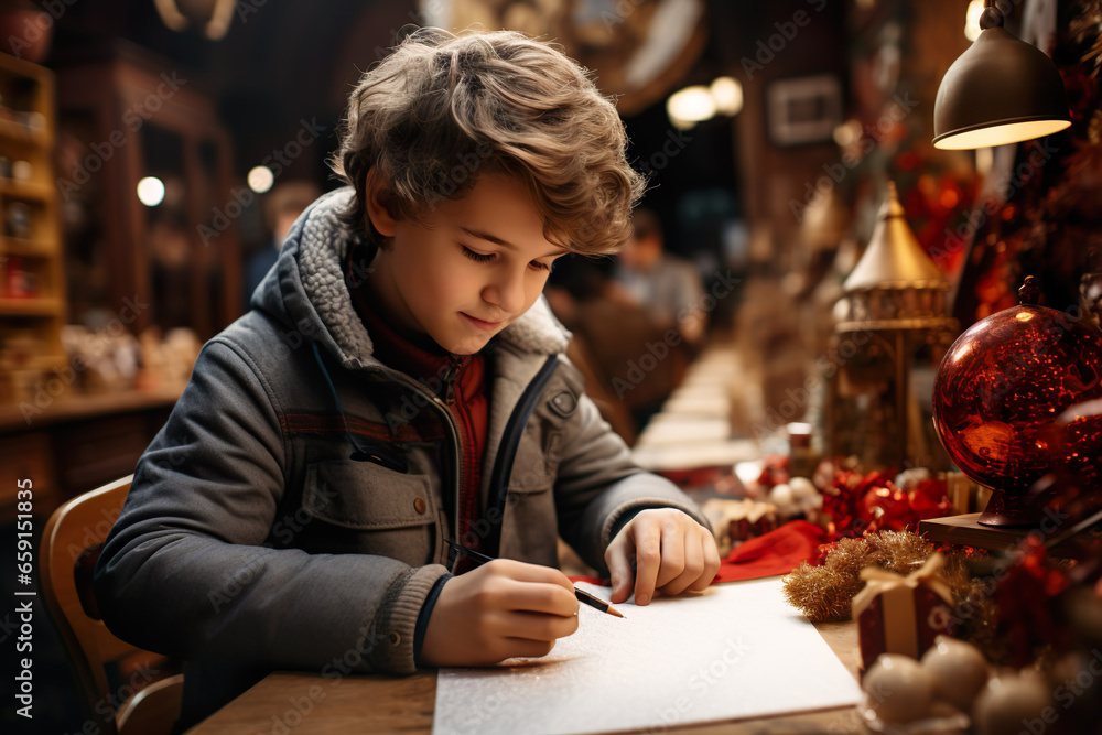 Boy writing letter to santa at christmas - obrazy, fototapety, plakaty 
