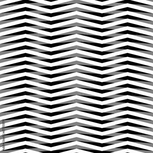 Black and grey zigzag lines. Jagged stripes. Seamless surface pattern design with triangular waves ornament. Repeated chevrons wallpaper. Digital paper for page fills, web designing. Vector art.