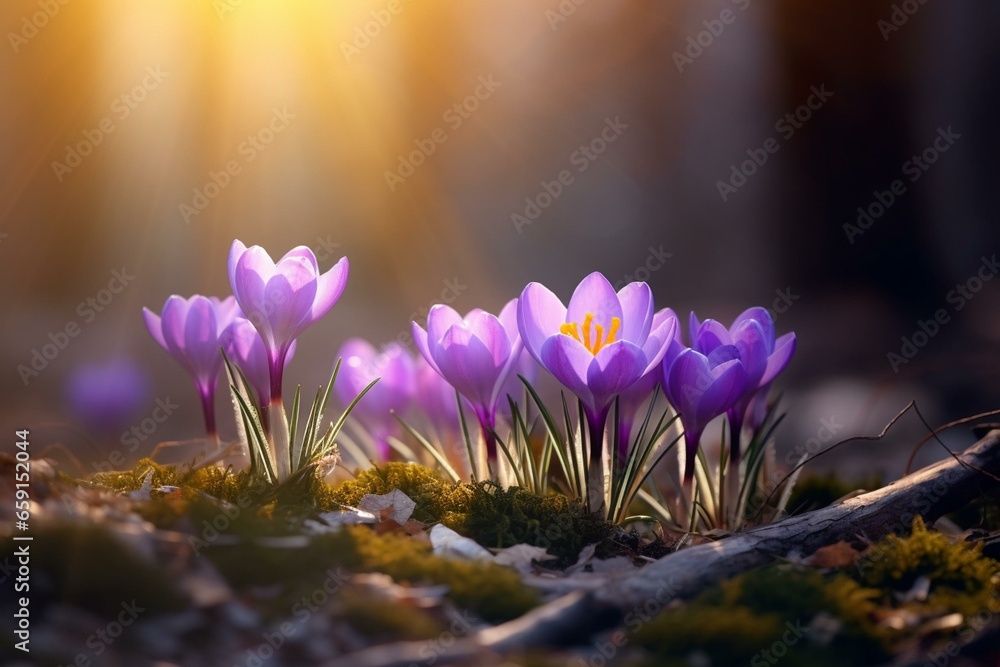 Background with spring crocus flowers. Generative AI - obrazy, fototapety, plakaty 