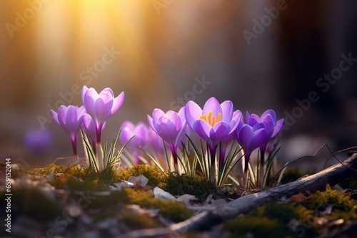 Background with spring crocus flowers. Generative AI