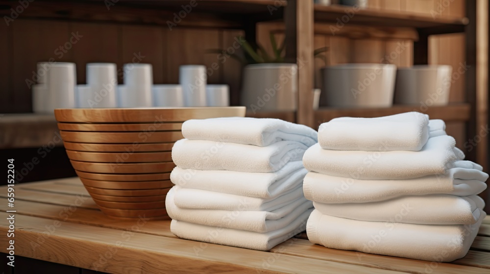 white towels in the traditional bathhouse experience. a set of white towels draped over a wooden bench, symbolizing purity and relaxation. white towels in the traditional bathhouse experience. a set of white towels draped over a wooden bench, symbolizing purity and relaxation.