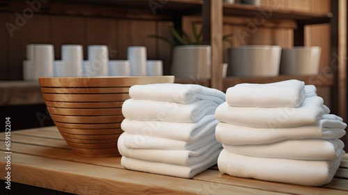 white towels in the traditional bathhouse experience. a set of white towels draped over a wooden bench, symbolizing purity and relaxation.