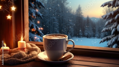the rich colors of coffee in a clear glass mug placed near a frost-covered window. the windowsill with pine branches and red ribbons to enhance the holiday atmosphere.