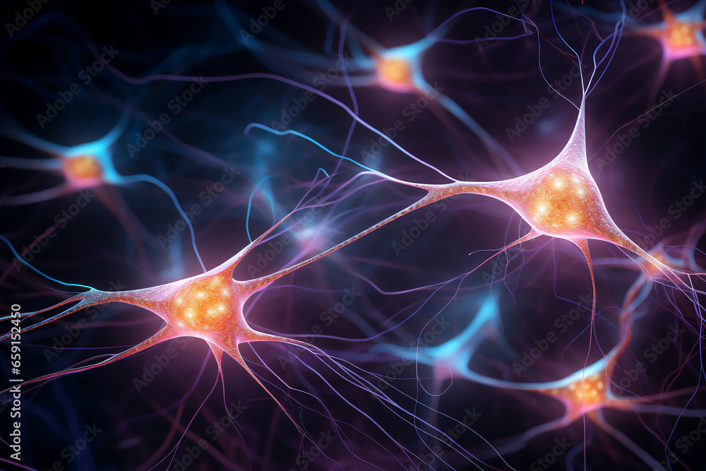 Brain neurons are cells that transmit electrical signals, forming neural networks crucial for cognitive memory functions and learning processes, computer Generative AI stock illustration image Brain neurons are cells that transmit electrical signals, forming neural networks crucial for cognitive memory functions and learning processes, computer Generative AI stock illustration image