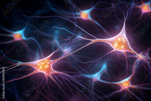 Brain neurons are cells that transmit electrical signals  forming neural networks crucial for cognitive memory functions and learning processes  computer Generative AI stock illustration image