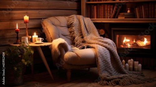 a cozy winter reading nook, vintage woven fabric over a chair or sofa. a handmade knitted blanket, a pile of books, and a warm beverage nearby. the comfort and homeliness of the scene.