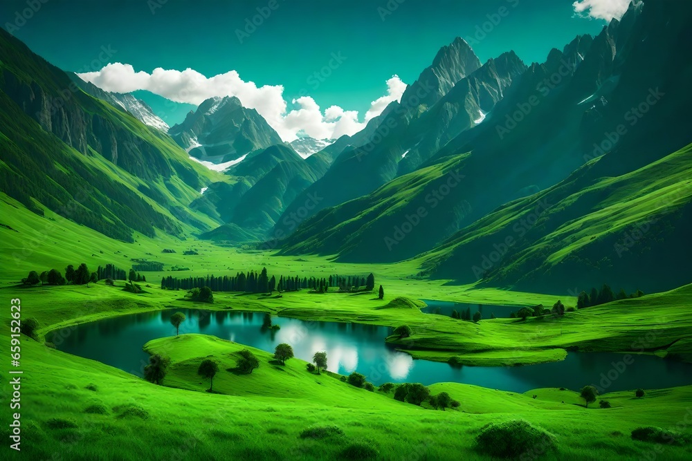 SERENE VALLEY WITH LUSH GREEN MEADOWS AND TOWERING MOUNTAINS - AI Generative SERENE VALLEY WITH LUSH GREEN MEADOWS AND TOWERING MOUNTAINS - AI Generative