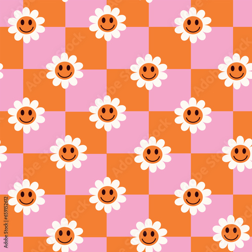 Checkered retro happy flowers on pink and orange checkerboards seamless pattern.