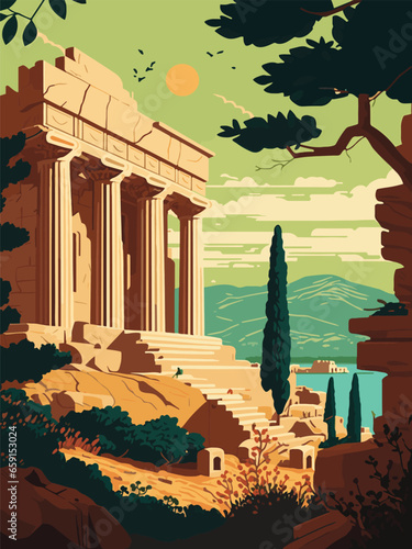 Athens Greece Acropolis Vintage Travel Poster Portrait Artwork Wall Art Print Illustration