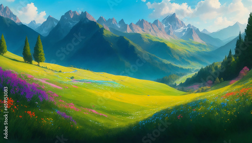 SERENE VALLEY WITH LUSH GREEN MEADOWS AND TOWERING MOUNTAINS - AI Generative © Being Imaginative