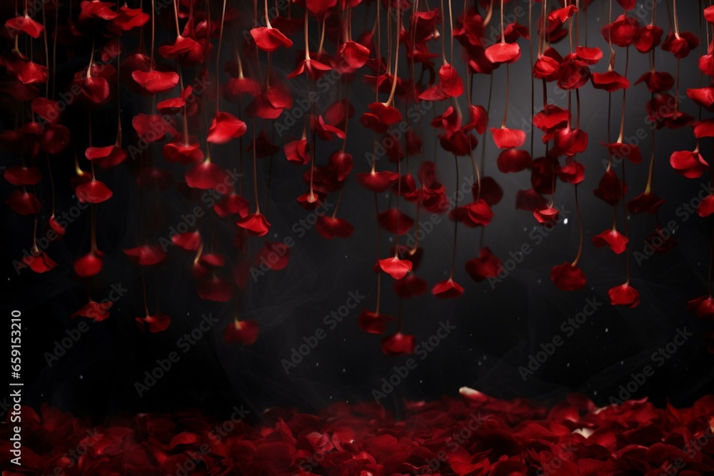 Romantic backdrop featuring red rose petals gently fluttering against a dark background. Generative AI - obrazy, fototapety, plakaty 