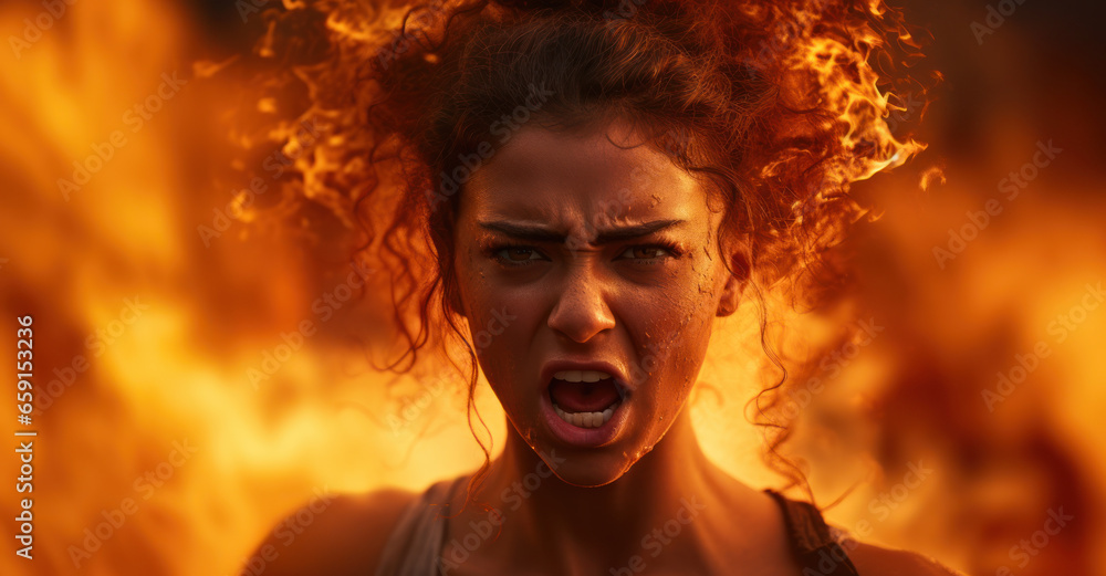 portrait of a person exuding anger, set against a fiery background