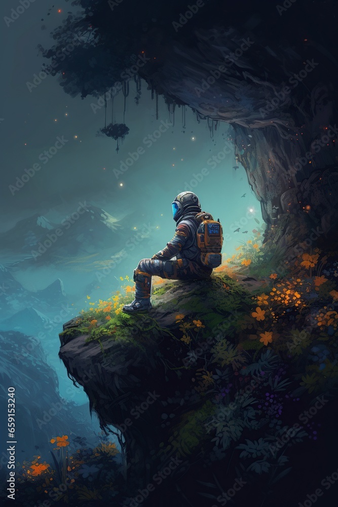 illustration, astronaut sitting on the edge of a cliff