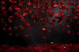 Romantic backdrop featuring red rose petals gently fluttering against a dark background. Generative AI