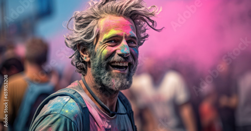 portrait of a jubilant individual against a festival of colors