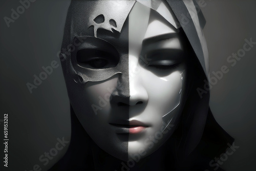 Symbolization of Antisocial Personality Disorder - A person wearing a mask, with a subtle blend of emotions underneath that reflect the hidden facets of their personality