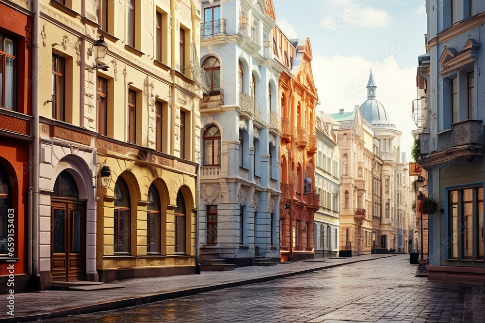A picturesque street in Moscow, Russia showcasing the city's charming architecture and landmarks. Generative AI