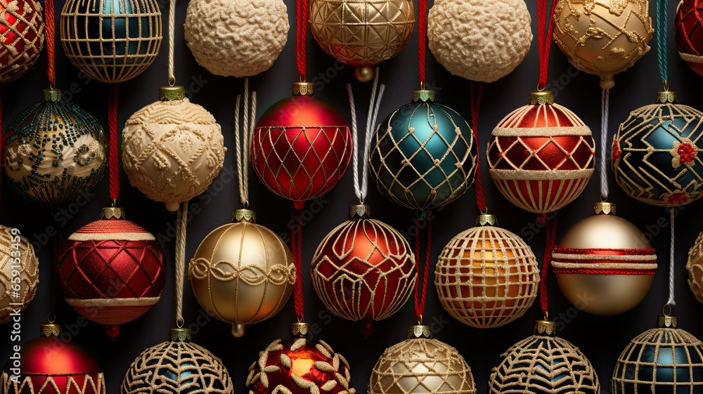 a collection of handcrafted Christmas ornaments on a vintage woven fabric backdrop to showcase their intricate patterns and textures. soft, natural lighting to enhance the warmth of the scene.