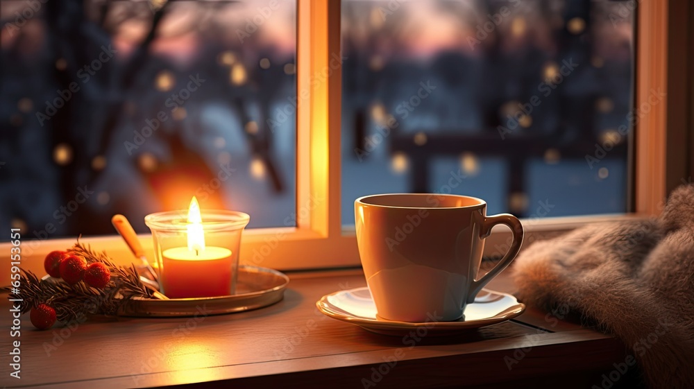 Obraz premium the rich colors of coffee in a clear glass mug placed near a frost-covered window. the windowsill with pine branches and red ribbons to enhance the holiday atmosphere.
