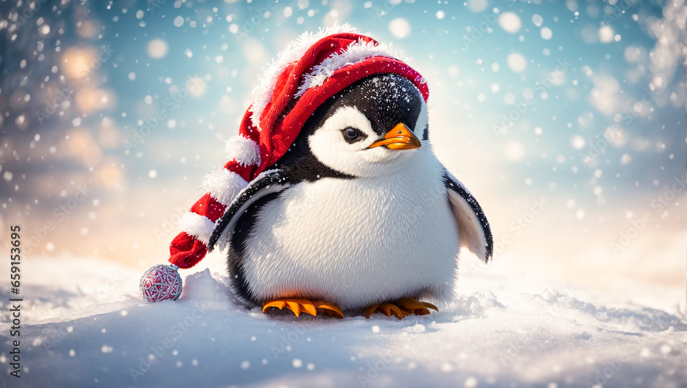 Cute cartoon penguin in a hat in a snowy meadow Cute cartoon penguin in a hat in a snowy meadow