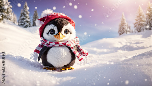Cute cartoon penguin in a hat in a snowy meadow © tanya78