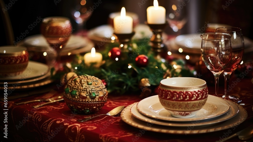 an inviting holiday table setting with vintage woven fabric as a tablecloth. handcrafted Christmas decorations like knitted ornaments and napkin holders on the table.
