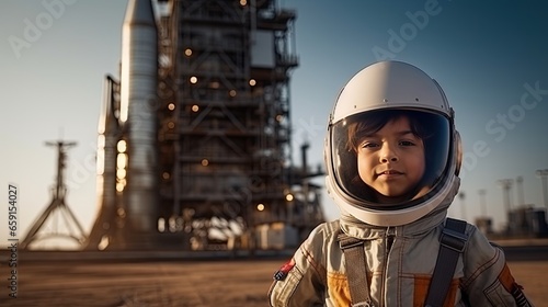 Miniature Space Explorer. Young Astronaut Prepared for Launch. Imagination Takes Flight. Little Astronaut and Rocket on the Launch Pad