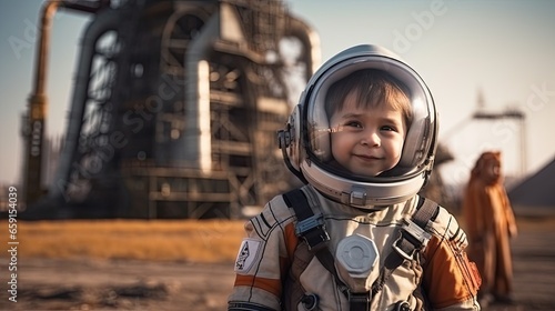 Tiny Space Explorer. Young Astronaut Ready for Liftoff by the Rocket. Launching Imagination. Little Astronaut and Rocket on the Launch Pad © Yauhen