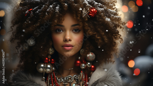 Beautiful woman, wearing sparkling Christmas Tree Ornaments
