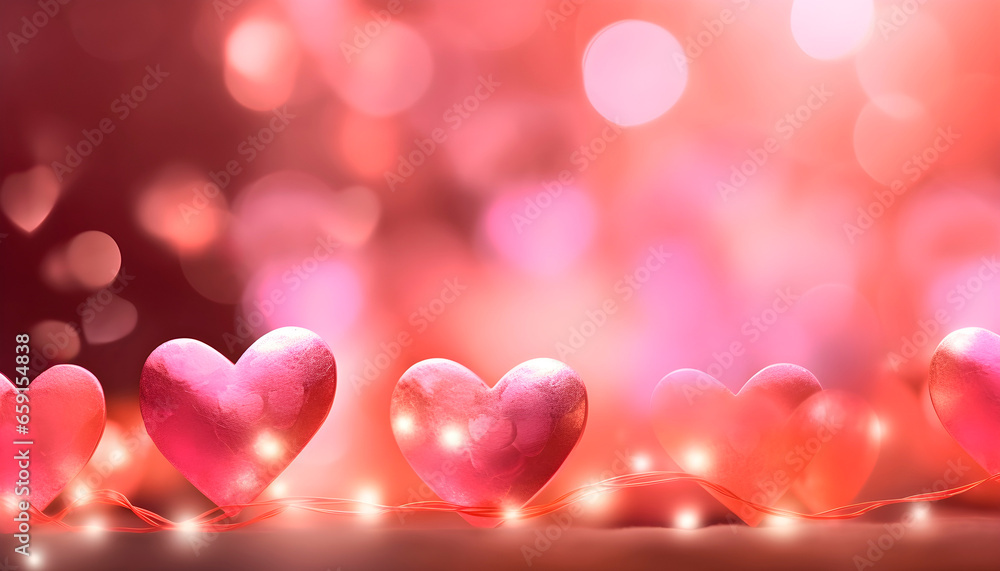 Pink hearts, defocused lights background. Abstract blurry festive backdrop. Generative AI