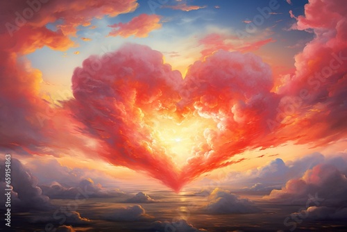 Heart-shaped clouds with vibrant colors forming a beautiful fairy-tale atmosphere. Generative AI