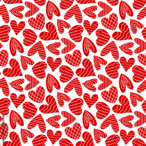 Beautiful different small red hearts isolated on a white background. Cute monochrome seamless pattern. Vector simple flat graphic illustration. Texture.