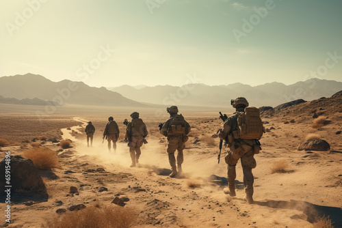 soldiers patrolling desert on foot while helicopters patrol the airspace above