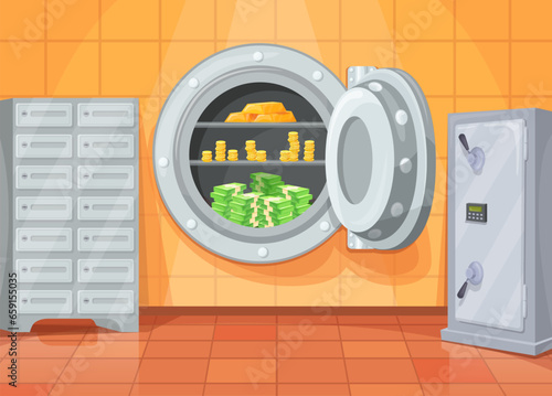 Bank vault room. Banking storage system entrance cartoon interior background, secure safe open door with money gold treasure inside, heavy locker on floor neat vector illustration