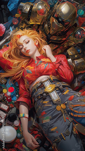 a robot woman is laid out on a bed of accessories, anime inspired.