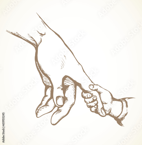 Children's hand holds on to mother's arm. Vector drawing