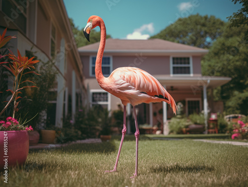 A Photo of a Flamingo in the Backyard of a House in the Suburbs