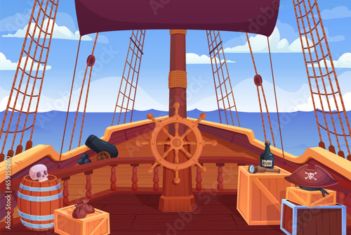Ship deck. Pirate sailing ships board view, captain bridge entrance of wooden sailboat with steering wheel, wood barrels boxes, cartoon adventure game ingenious vector illustration